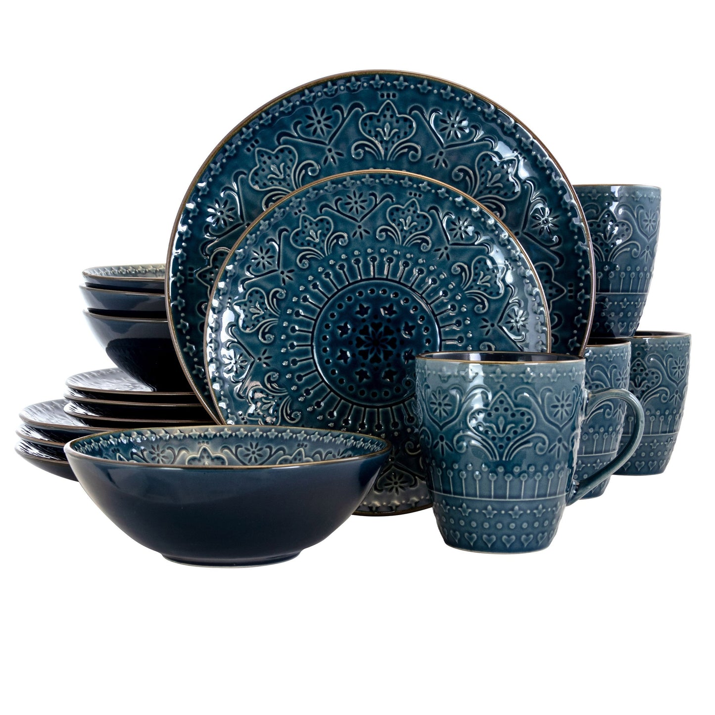 Elama Deep Sea Mozaic 16 Piece Luxurious Stoneware Dinnerware with Complete Setting for 4 W2B