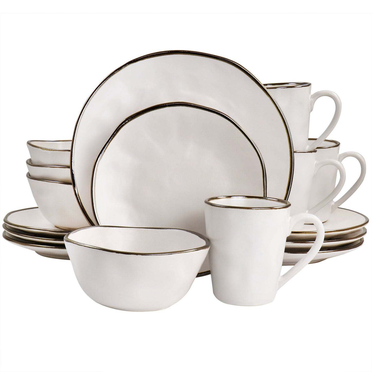 Elama Modern 16 Piece Stoneware Dinnerware Set in Matte White with Gold Rim W2B