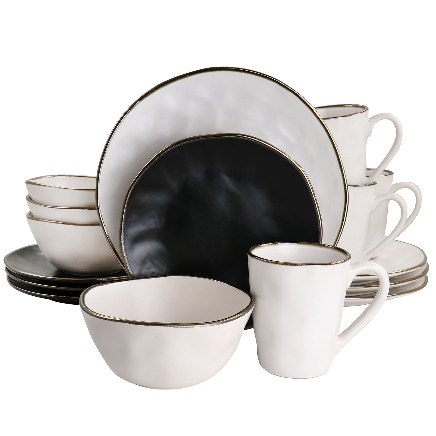 Elama Roman 16 Piece Stoneware Dinnerware Set in Assorted Matte with Gold Rim W2B