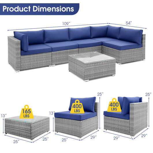 6 Piece Patio Conversation Sofa Set with Tempered Glass Coffee Table-Navy