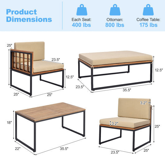 5 Pieces Patio Furniture Set Acacia Wood Sectional Set with Heavy-Duty Metal Frame-Beige