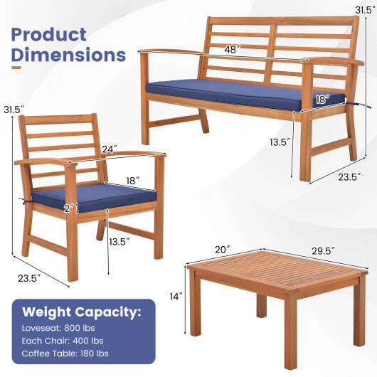 4 Pieces Outdoor Furniture Set with Stable Acacia Wood Frame-Gray