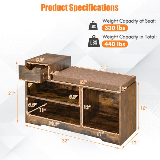 Entryway Storage Shoe Bench with 1 Storage Drawer and 3 Open Compartments-Rustic Brown