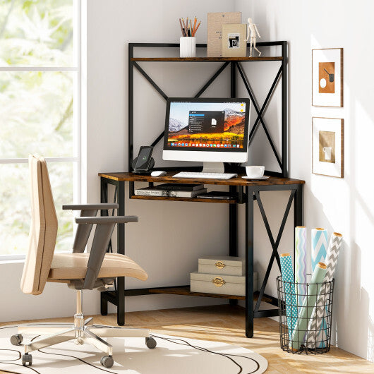Space-Saving Corner Computer Desk with with Hutch and Keyboard Tray-Rust Brown