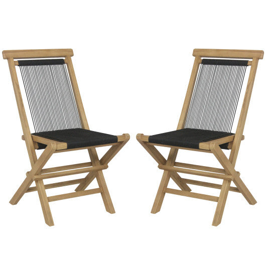 2 Piece Patio Folding Chairs with Woven Rope Seat and Back for Porch Backyard Poolside