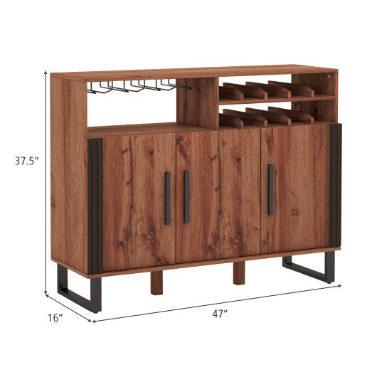 Home Wine Bar Cabinet with 3 Doors and Adjustable Shelves-Brown
