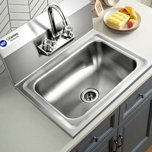 Stainless Steel Sink Wall Mount Hand Washing Sink with Faucet and Back Splash