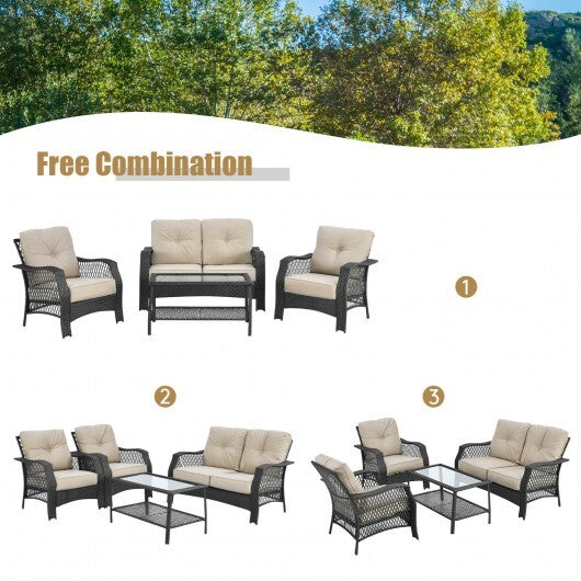 4 Pieces Patio Wicker Furniture Set Loveseat Sofa Coffee Table with Cushion-Beige
