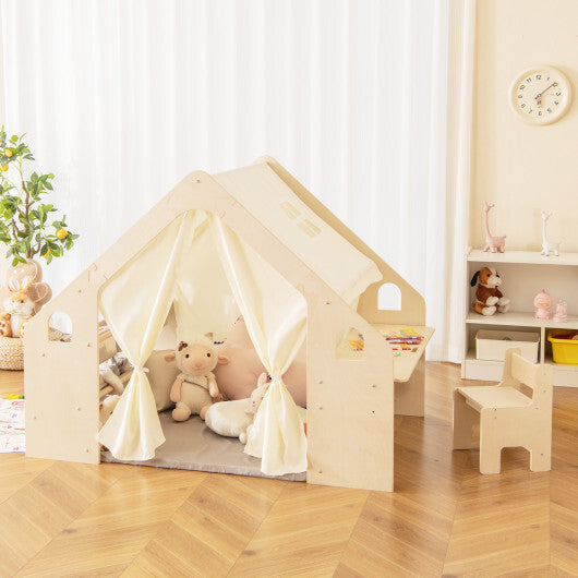 6-in-1 Kids Play Tent Playhouse with Blackboard 6 Storage Bins and Floor Cushion-Beige