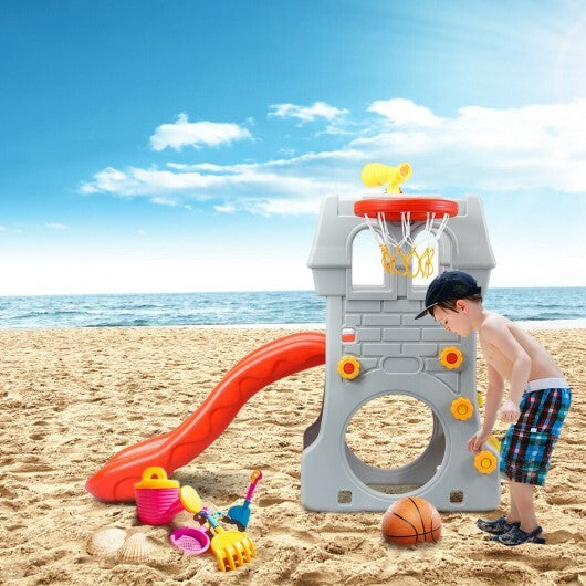 5 in 1 Toddler Climber Slide Playset with Basketball Hoop and Telescope - Color: Multicolor