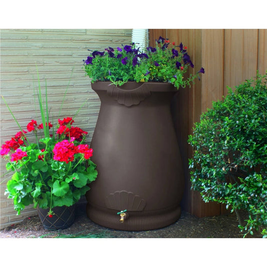 Brown Oak 65 Gallon Plastic Urn Rain Barrel with Planter Top W2B