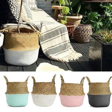 Foldable Rattan Straw Basket Flower Pot Hanging Wicker Storage Baskets Garden Accessories