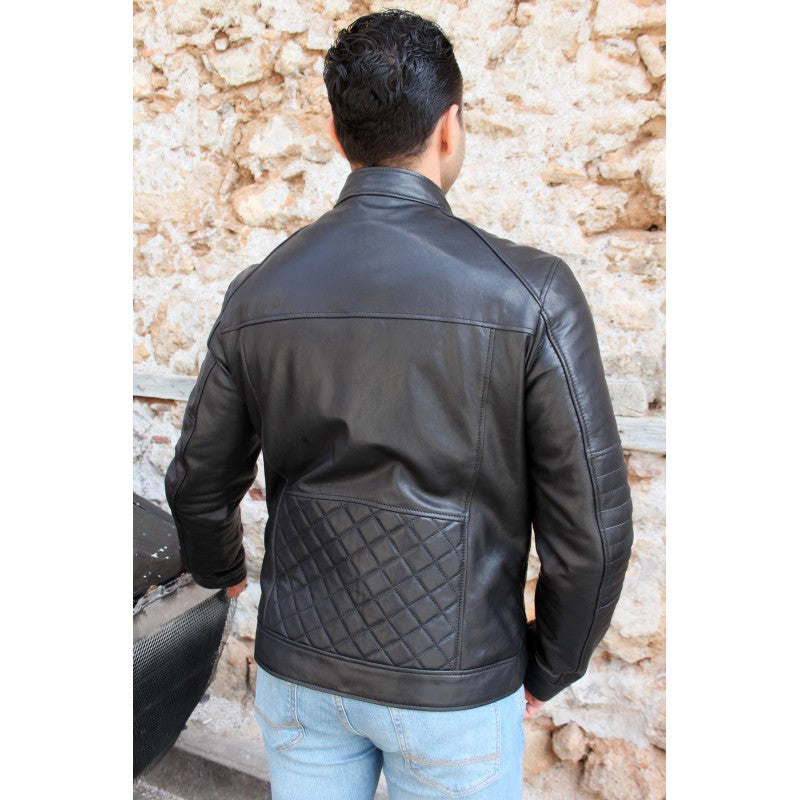 Black Sport Leather Jacket For Man Yellow Grapevine