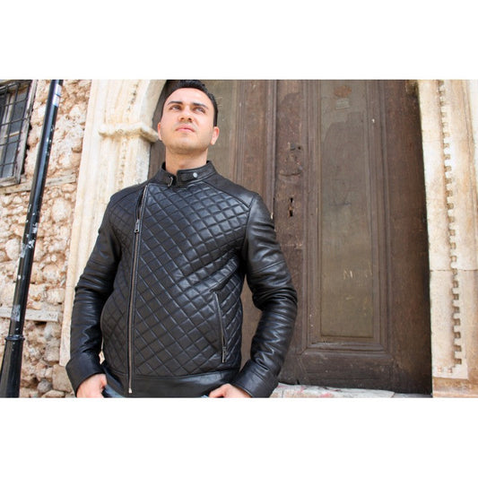 Black Sport Leather Jacket For Man Yellow Grapevine