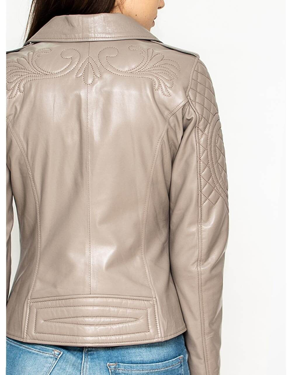 Beige Leather Biker Jacket For Women