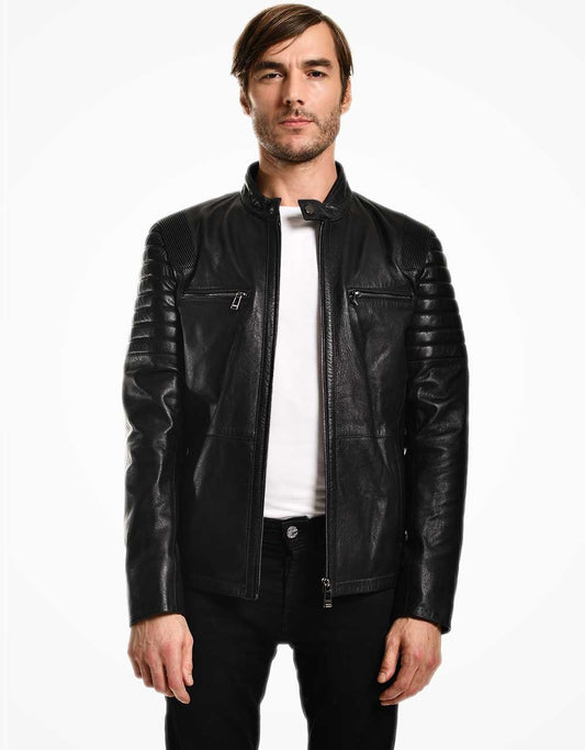 Black Leather Biker Jacket For Men Yellow Grapevine