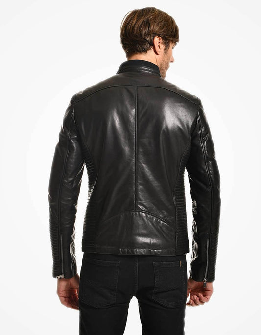 Black Leather Biker Jacket For Men Yellow Grapevine