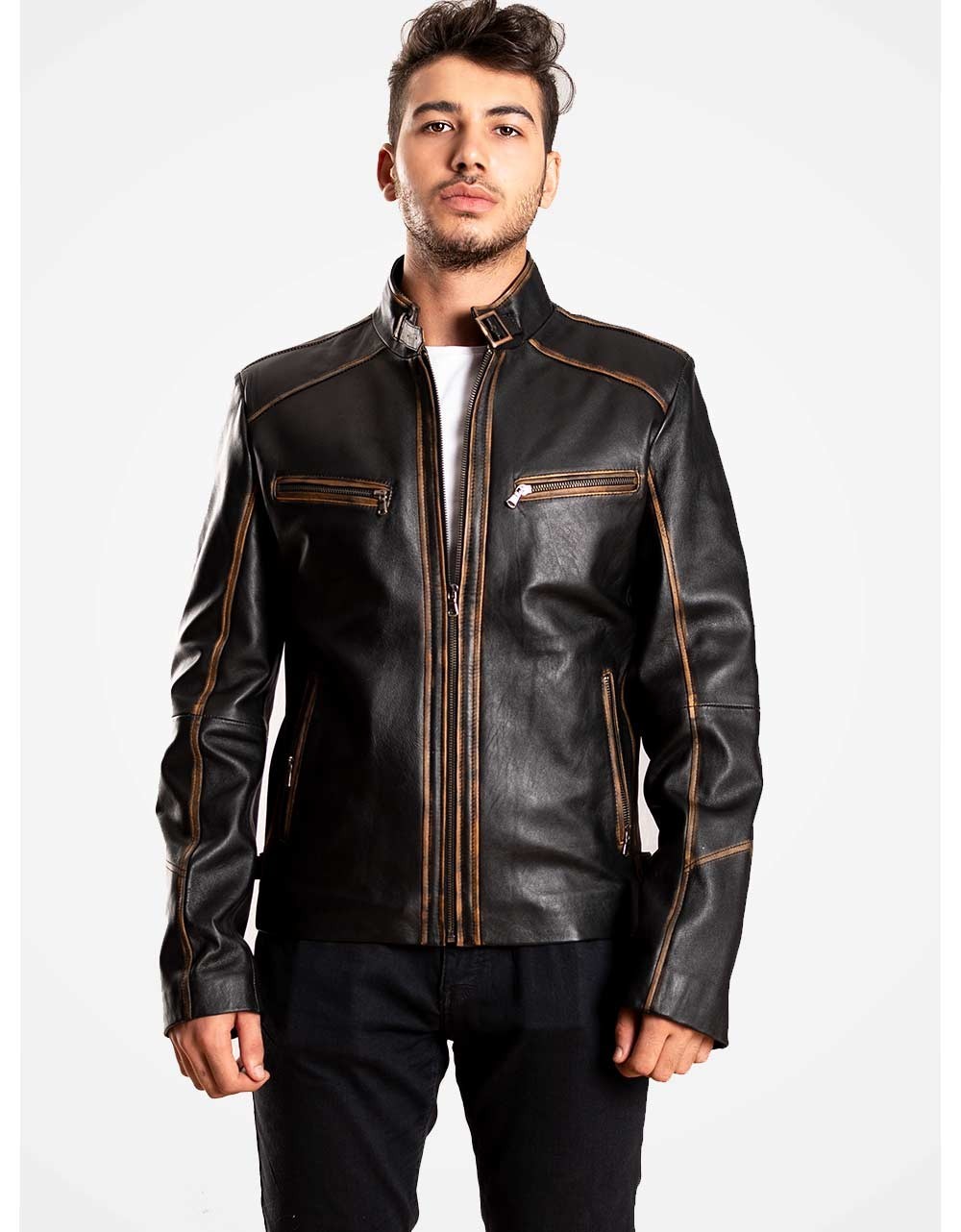 Black Leather Biker Jacket For Men Yellow Grapevine
