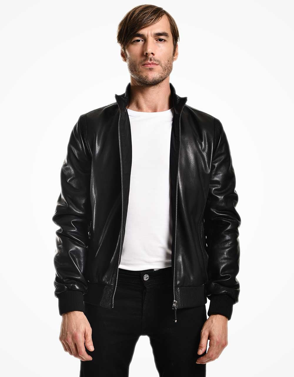 Black Bomber Leather Jacket For Men