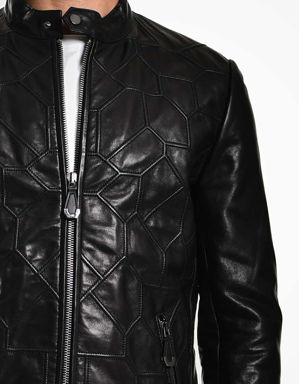 Black Leather Biker Jacket For Men Yellow Grapevine