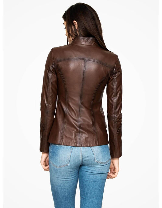 Brown Leather Biker Jacket For Women Yellow Grapevine