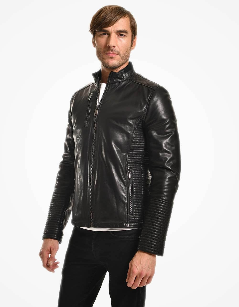 Black Leather Biker Jacket For Men Yellow Grapevine