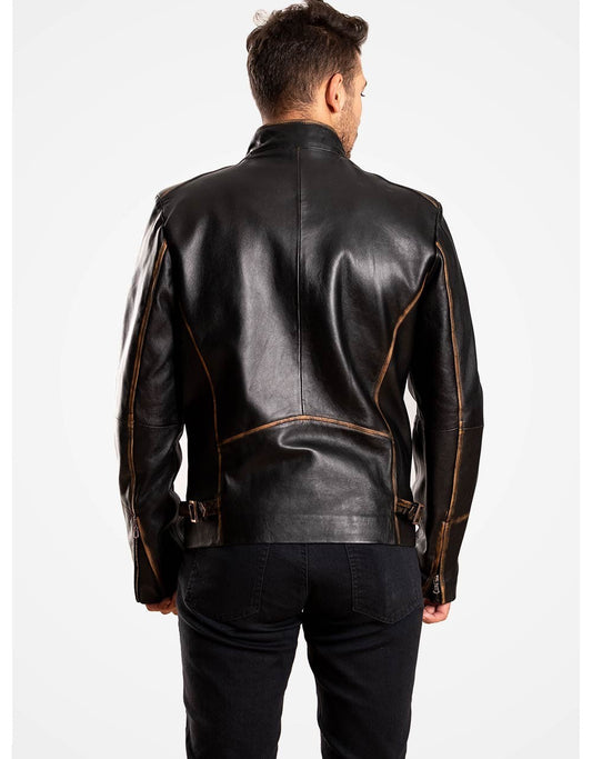 Black Leather Biker Jacket For Men Yellow Grapevine