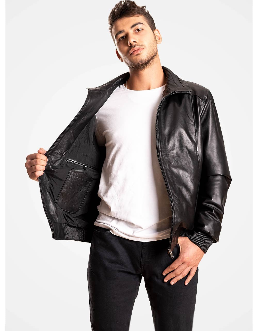 Black Bomber Leather Jacket For Men Yellow Grapevine