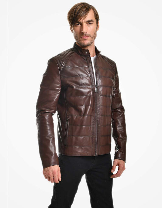 Brown Leather Biker Jacket For Men Yellow Grapevine