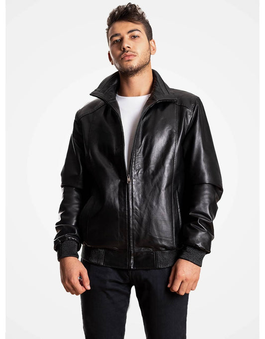 Black Bomber Leather Jacket For Men
