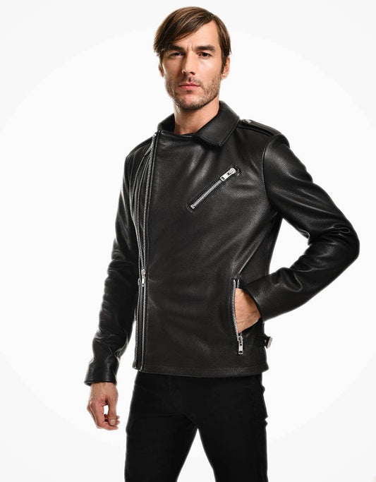 Black Biker Jumbo Leather Jacket For Men Yellow Grapevine