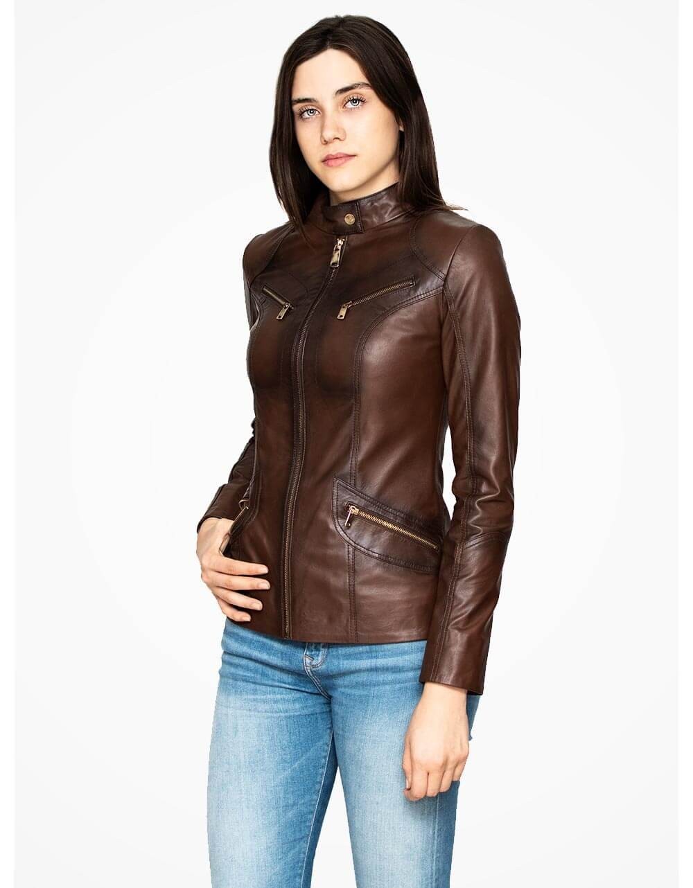 Brown Leather Biker Jacket For Women
