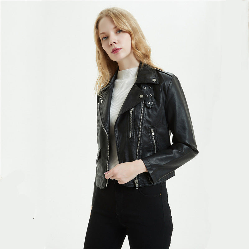 Women's PU Leather Motorcycle Jacket - European & American Style Short Biker Jacket (Black/White, Sizes S-XL LadyShow.Store