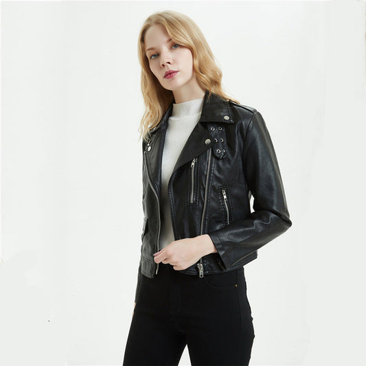 Women's PU Leather Motorcycle Jacket - European & American Style Short Biker Jacket (Black/White, Sizes S-XL LadyShow.Store