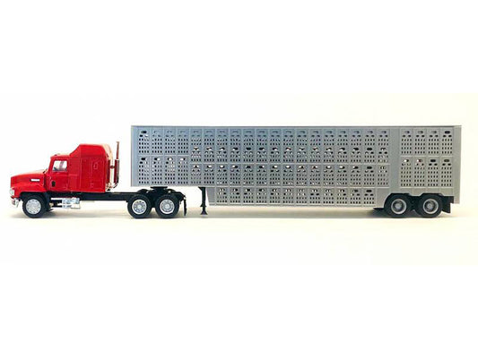 Mack CH 613 with Sleeper Cab Red with Silver Livestock Trailer 1/87 (HO) Plastic Model Car by Promotex Promotex