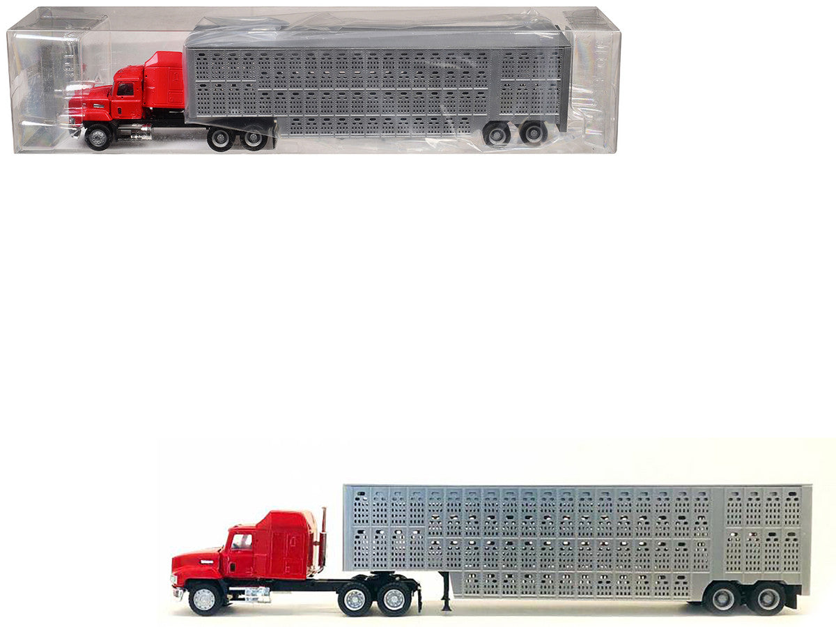 Mack CH 613 with Sleeper Cab Red with Silver Livestock Trailer 1/87 (HO) Plastic Model Car by Promotex Promotex