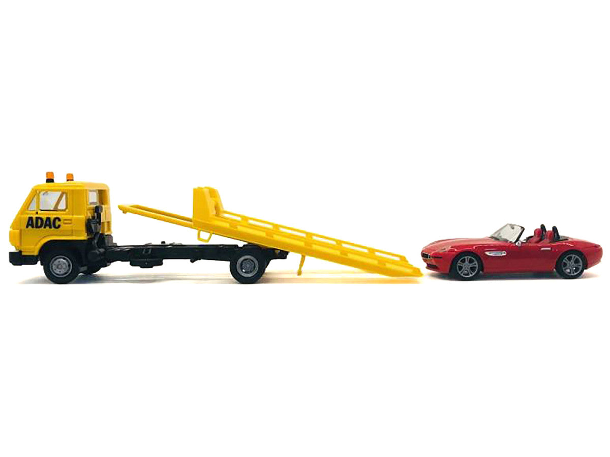 Flatbed Tow Truck "ADAC" Yellow and BMW Z4 Convertible Red Set of 2 pieces 1/87 (HO) Plastic Model Cars by Promotex Promotex