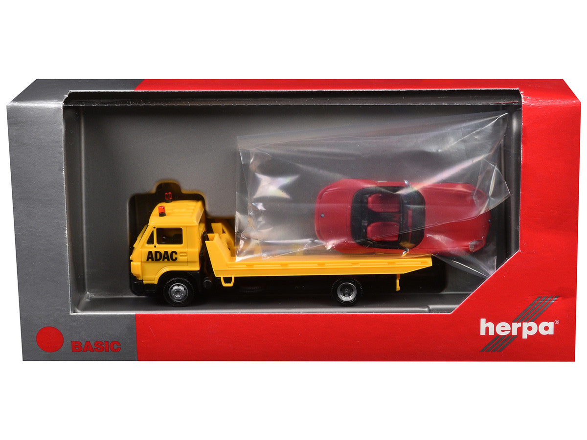 Flatbed Tow Truck "ADAC" Yellow and BMW Z4 Convertible Red Set of 2 pieces 1/87 (HO) Plastic Model Cars by Promotex Promotex