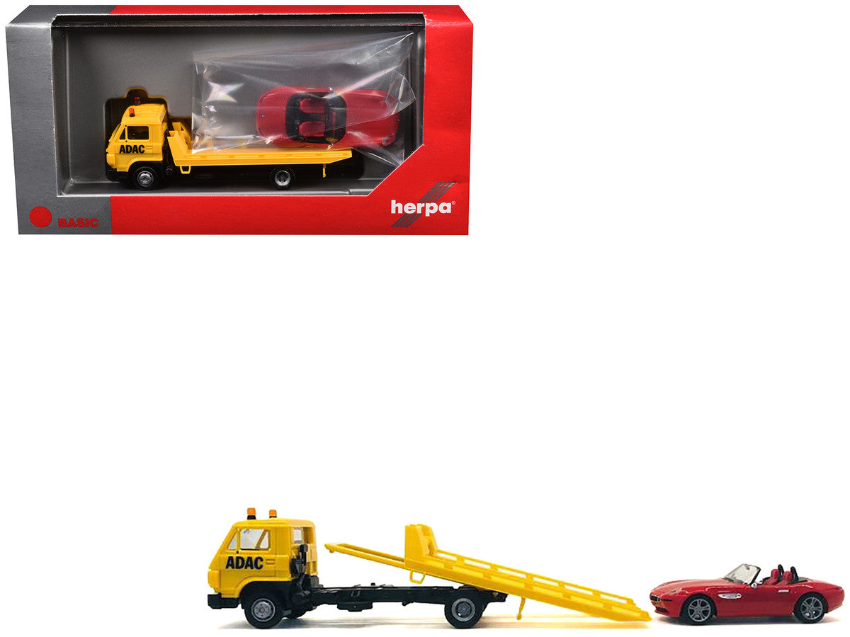 Flatbed Tow Truck "ADAC" Yellow and BMW Z4 Convertible Red Set of 2 pieces 1/87 (HO) Plastic Model Cars by Promotex Promotex
