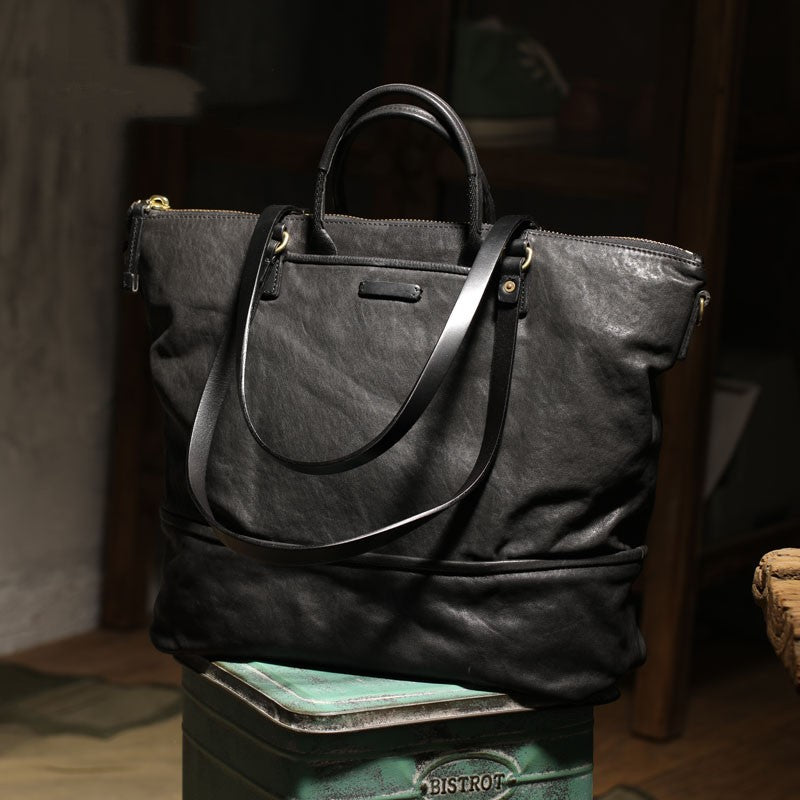 Daily Outdoor Large-capacity Travel Handmade Vegetable Tanned Cowhide Handbag Shoulder Tote Bag CJD