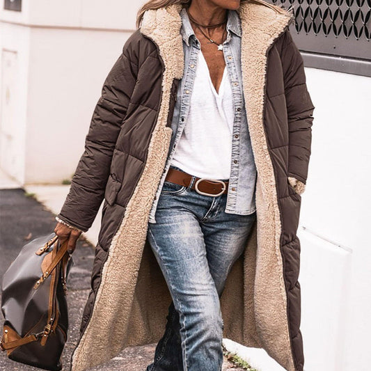 Solid Color Hooded Long Coat Winter Long Sleeve Double-sided Wear Slim Elegant Cardigan Jacket Top Women's Clothing LadyShow.Store