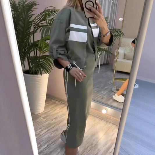 Casual Zipper White Stripe Edge Jacket Coat Dress Women's Suit Accent Plus