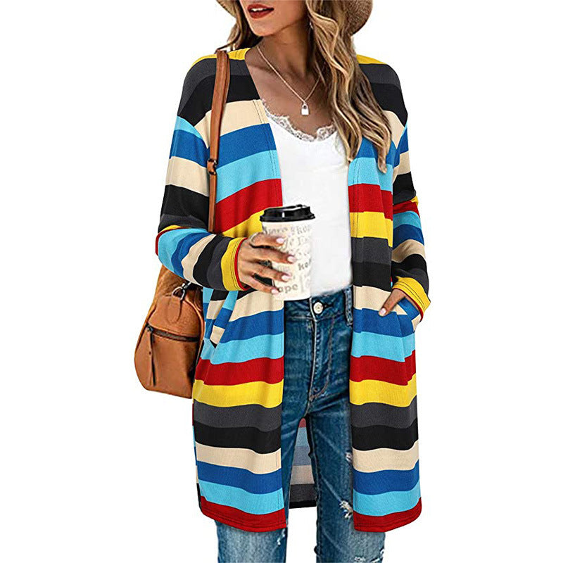 European And American Women's Jackets Striped Print Women's Cardigan Top LadyShow.Store