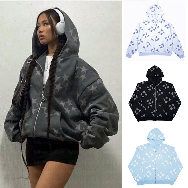 Stars Printed Zipper Hooded Cardigan Couple Fashion Outerwear Hoodies Sweatshirt Street Men Women Coat Accent Plus