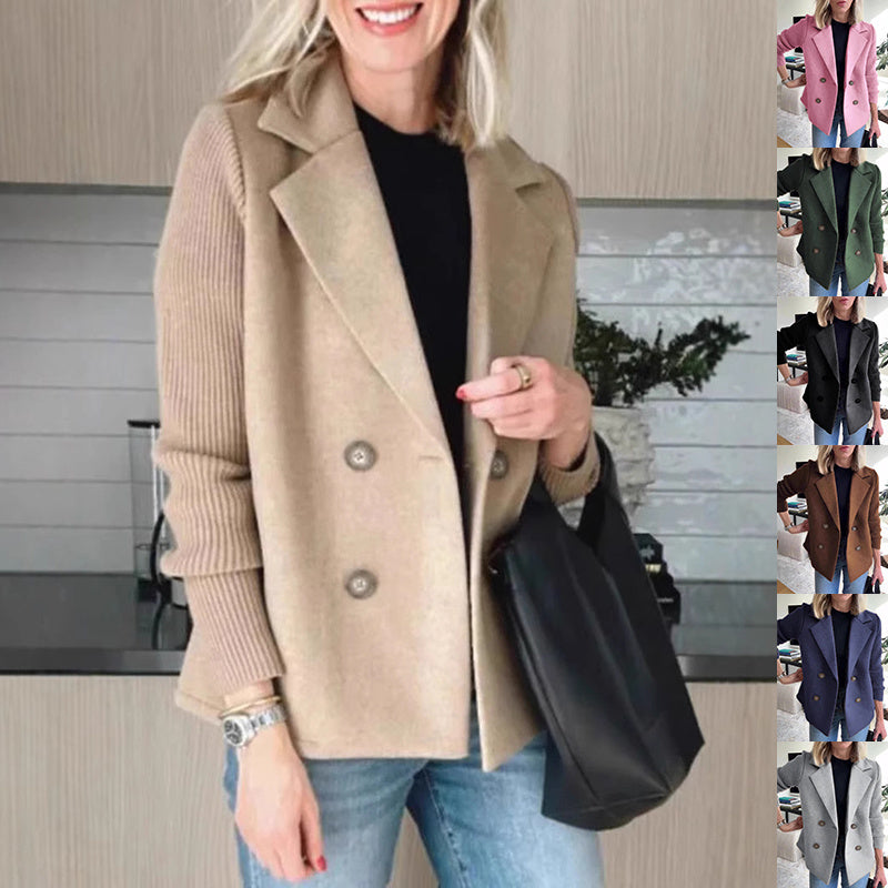 Double Breasted Lapel Jacket Fashion Knitted Sleeves Splicing Design Coat Outerwear Women's Clothing LadyShow.Store