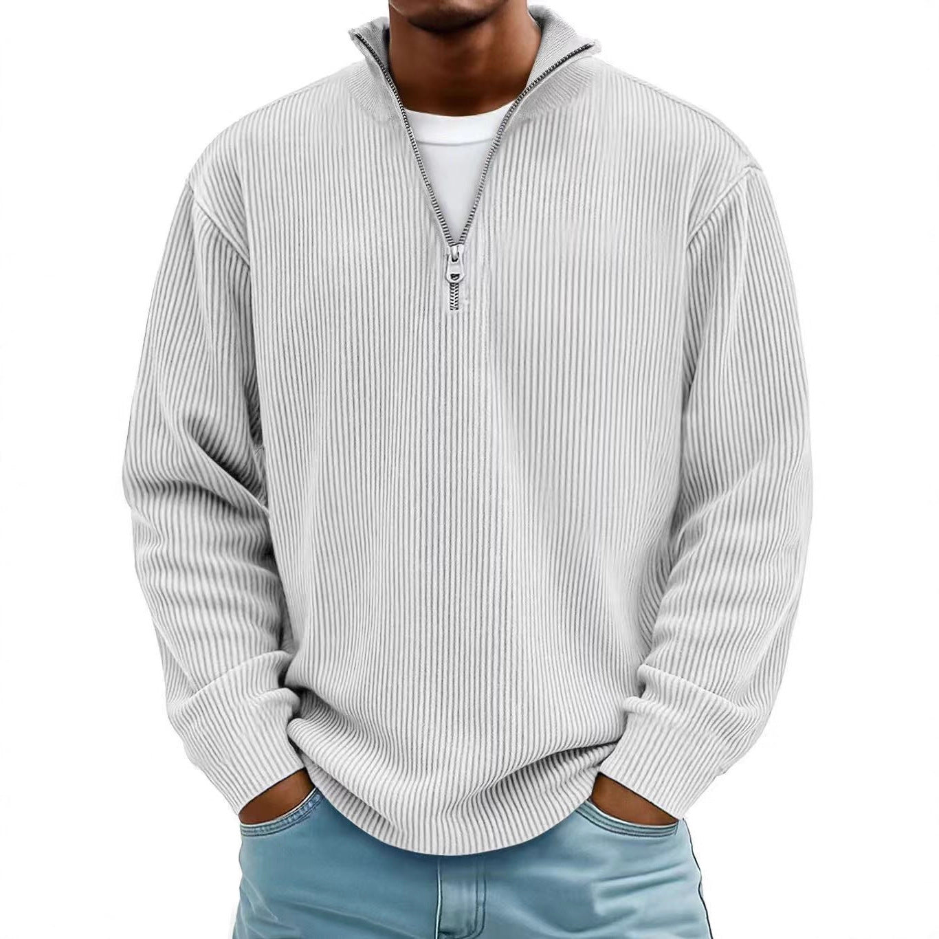 Corduroy Zipper Stand Collar Sweatshirt Fashion Warm Solid Color Long Sleeve Top Men's Casual Polo Shirt Clothing Best YouTube Store