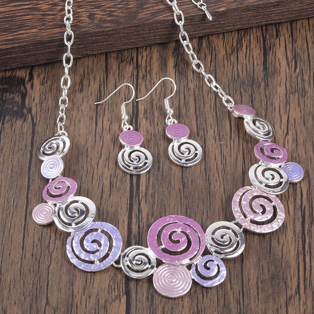 Zinc Alloy Geometric Round Spiral Color Oil Necklace Hollow Design Eardrop Set LadyShow.Store