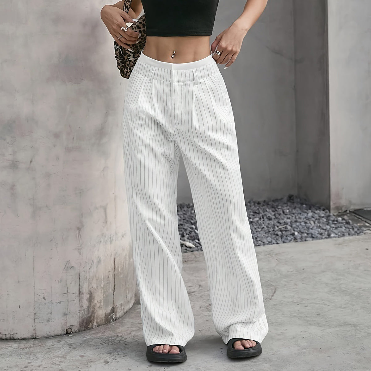 Stripe Printed Trousers Fashion High Waist Straight Leg Pants With Pocket Zipper Casual Suit Pants For Women LadyShow.Store