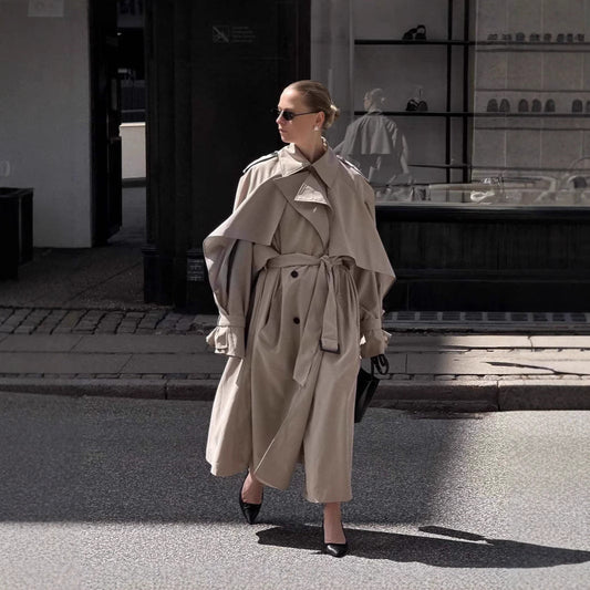 Women's Long Khaki Belted Cape Trench Coat LadyShow.Store