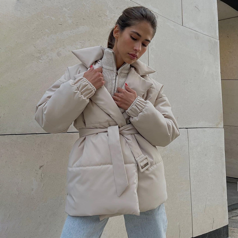 New Thickened Slimming Cinched Cotton-padded Coat Solid Color Belt Cotton Coat Jacket Accent Plus